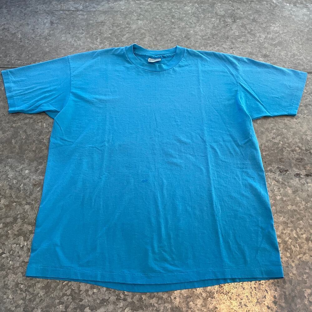 Vintage Hanes USA Fifty Fifty Single Stitch Blank Tee Shirt Mens XL Plain Blue